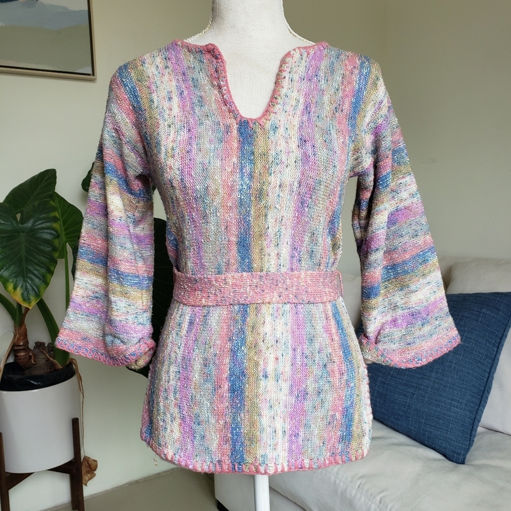 Vintage 70s Foxmoor Knit Colorful Stripe Tie Back Top